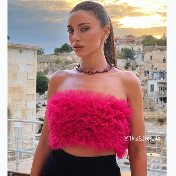 BLOGGER'S FAVE! Zara Knit Strapless Tulle Top Fuchsia - Picture 1 of 14